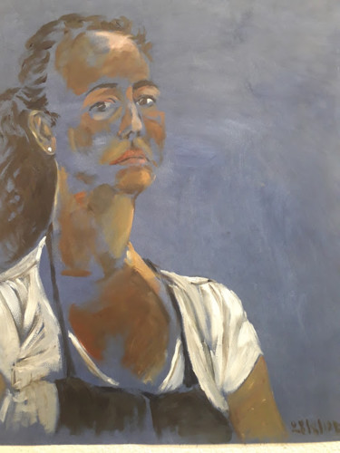Painting titled "Autoportrait sur fo…" by Diane Medus, Original Artwork, Oil