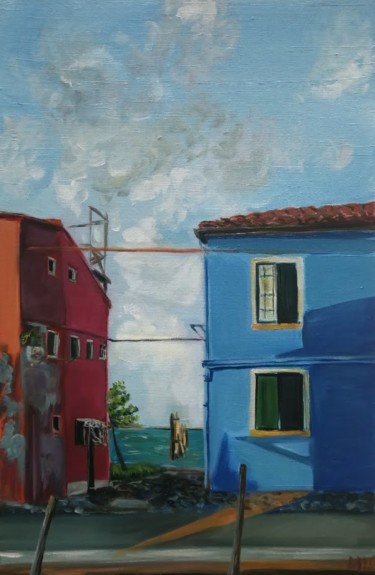 Painting titled "Maison bleue à Bura…" by Diane Medus, Original Artwork, Oil Mounted on Cardboard