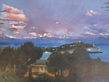 Crépuscule sur la baie deVillefranche Painting titled "Crépuscule sur la b…" by Diane Medus, Original Art, Oil Mounted on Stretcher frame