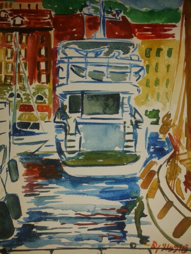 Peinture intitulée "Yacht au port de Ni…" par Diane Medus, Œuvre d'art originale, Aquarelle