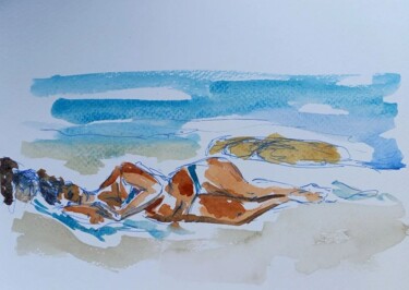 Peinture intitulée "Endormie sur la pla…" par Diane Medus, Œuvre d'art originale, Aquarelle