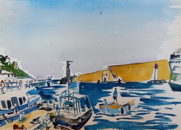 Peinture intitulée "Au Port de Nice, Lo…" par Diane Medus, Œuvre d'art originale, Aquarelle