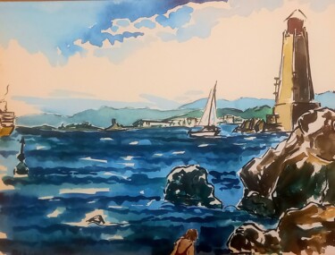 Painting titled "Baignade près de la…" by Diane Medus, Original Artwork, Watercolor