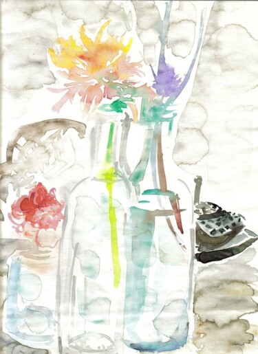 Peinture intitulée "Bouteilles, juillet…" par Diane Medus, Œuvre d'art originale, Aquarelle