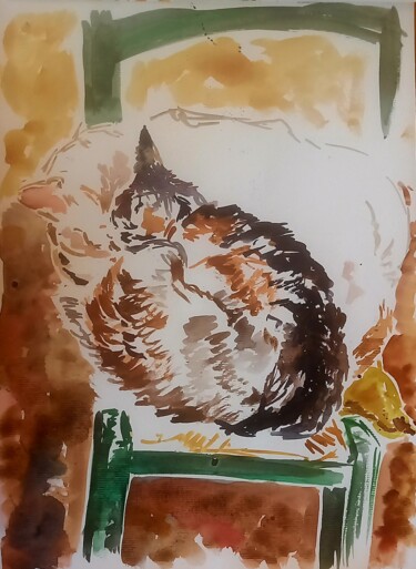 Painting titled "Chats d'hiver" by Diane Medus, Original Artwork, Watercolor