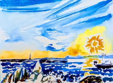 Peinture intitulée "Coucher de soleil à…" par Diane Medus, Œuvre d'art originale, Aquarelle