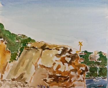 Painting titled "Gros rocher à Roque…" by Diane Medus, Original Artwork, Watercolor