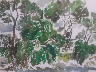 Peinture intitulée "Jardin au-dessus de…" par Diane Medus, Œuvre d'art originale, Aquarelle