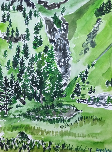 Картина под названием "Lac du Loup (triton…" - Diane Medus, Подлинное произведение искусства, Акварель