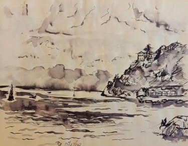 Painting titled "Le Cap de Nice vu d…" by Diane Medus, Original Artwork, Ink