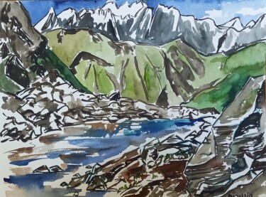 Peinture intitulée "Le lac des Roches n…" par Diane Medus, Œuvre d'art originale, Aquarelle