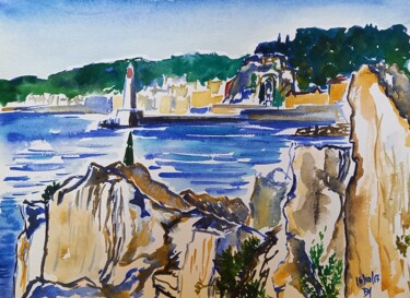 Painting titled "Le port de Nice et…" by Diane Medus, Original Artwork, Watercolor