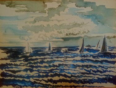 Peinture intitulée "le soir sur la baie…" par Diane Medus, Œuvre d'art originale, Aquarelle