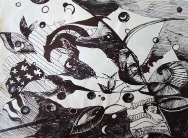 Zeichnungen mit dem Titel "L'oiseau cosmique,…" von Diane Medus, Original-Kunstwerk, Tinte