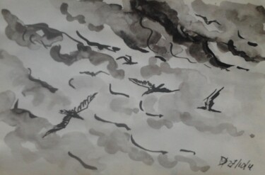 Картина под названием "Oiseaux et nuages,…" - Diane Medus, Подлинное произведение искусства, Чернила