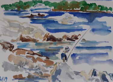 Peinture intitulée "Pêcheur à Saint-Hon…" par Diane Medus, Œuvre d'art originale, Aquarelle