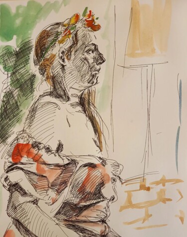 Картина под названием "Portrait en Cérès,…" - Diane Medus, Подлинное произведение искусства, Акварель
