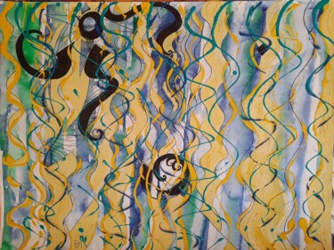 Peinture intitulée "Reflets et vagues,…" par Diane Medus, Œuvre d'art originale, Encre