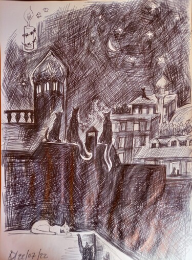 Drawing titled "Sept chats, 22 juil…" by Diane Medus, Original Artwork, Ballpoint pen