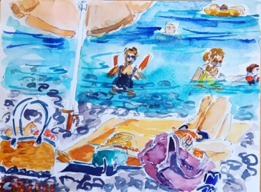 Peinture intitulée "Sous le parasol, 4…" par Diane Medus, Œuvre d'art originale, Aquarelle