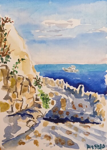 Painting titled "Sous le phare de Sa…" by Diane Medus, Original Artwork, Watercolor