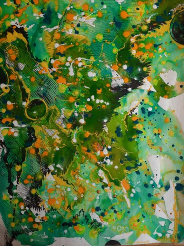 Pittura intitolato "Vert et jaune" da Diane Medus, Opera d'arte originale, Inchiostro