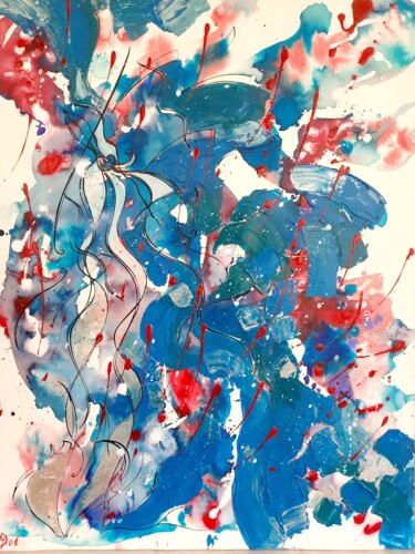 Painting titled "Rouge sur bleu, 2006" by Diane Medus, Original Artwork, Ink