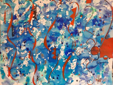 Peinture intitulée "Orange sur bleu, 20…" par Diane Medus, Œuvre d'art originale, Encre
