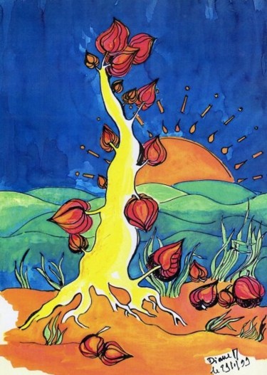 Painting titled "Planète dorée" by Diane Medus, Original Artwork, Ink