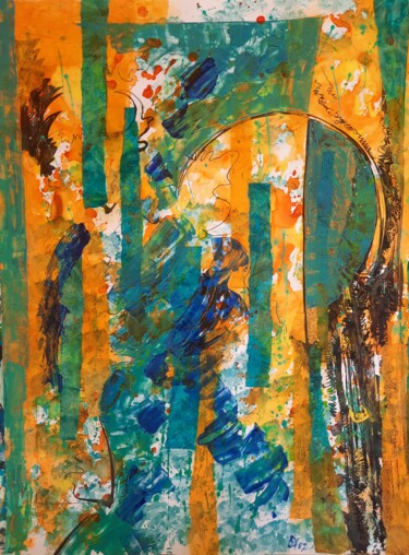 Peinture intitulée "La Porte bleue" par Diane Medus, Œuvre d'art originale, Encre