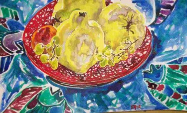 Peinture intitulée "L'assiette de coings" par Diane Medus, Œuvre d'art originale, Autre