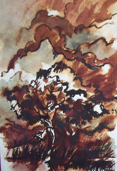 Painting titled "Arbre sous l'orage" by Diane Medus, Original Artwork, Ink