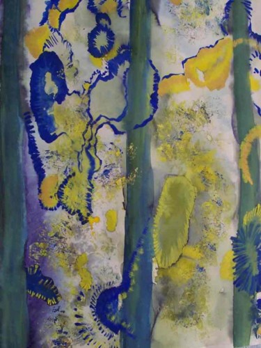 Peinture intitulée "Bleu, vert et jaune" par Diane Medus, Œuvre d'art originale, Encre
