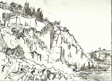 Drawing titled "Cap de Nice et monu…" by Diane Medus, Original Artwork, Ink