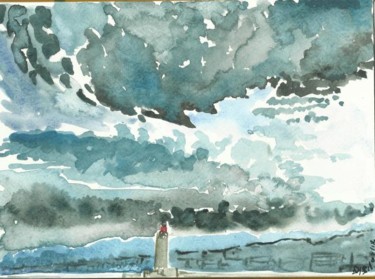 Painting titled "Ciel du soir sur la…" by Diane Medus, Original Artwork, Watercolor