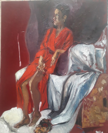 Peinture intitulée "Le peignoir rouge" par Diane Medus, Œuvre d'art originale, Huile