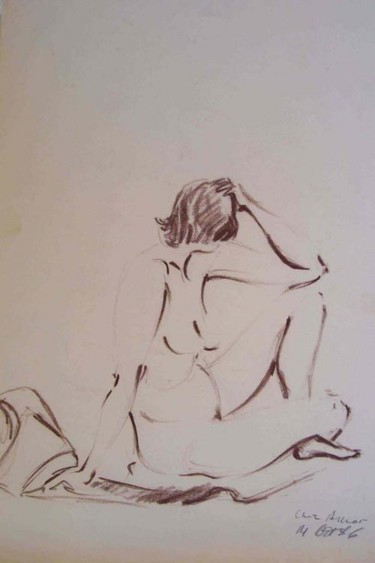 Drawing titled "Assise, la tête dét…" by Diane Medus, Original Artwork, Conté