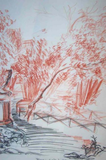 Drawing titled "Au Pincio, Rome" by Diane Medus, Original Artwork, Chalk