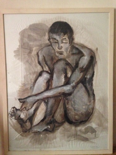 Drawing titled "Homme nu assis" by Diane Serard, Original Artwork, Ink