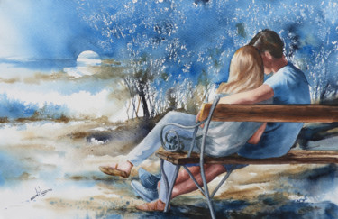 Painting titled "Les amoureux" by Diane Beaulieu, Original Artwork, Watercolor