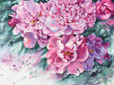 Painting titled "Mes pivoines" by Diane Beaulieu, Original Artwork, Watercolor