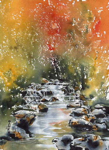 Painting titled "Le ruisseau" by Diane Beaulieu, Original Artwork, Watercolor