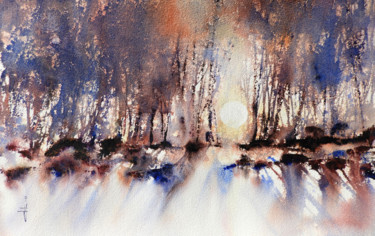 Pintura titulada "Crépuscule hivernal" por Diane Beaulieu, Obra de arte original, Acuarela