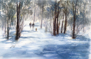 Malarstwo zatytułowany „Promenade avec Geor…” autorstwa Diane Beaulieu, Oryginalna praca, Akwarela