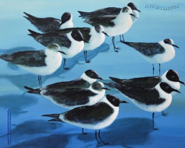 Painting titled "Mouettes en bleu" by Diane Luce, Original Artwork, Acrylic Mounted on Wood Stretcher frame