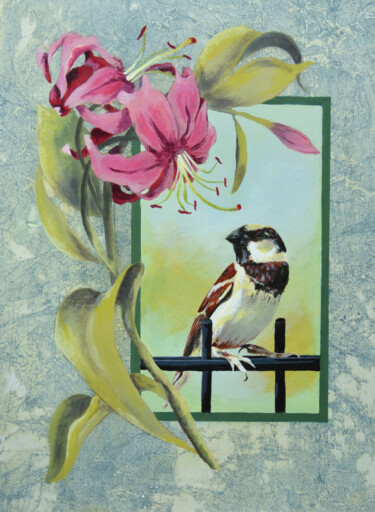 Peinture intitulée "Lys et moineau/Lily…" par Diane Luce, Œuvre d'art originale, Acrylique