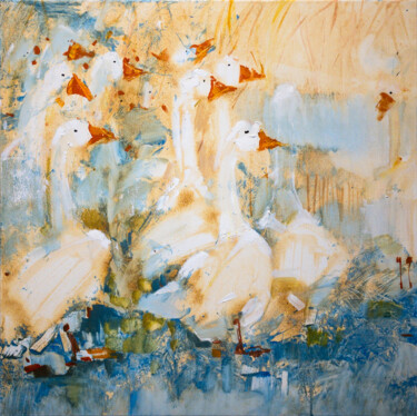Schilderij getiteld "Geese in winter" door Tatyana Bashtannik (Tatyana Dianova), Origineel Kunstwerk, Olie