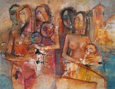 Peinture intitulée "Fête au villageV" par Dibasar, Œuvre d'art originale, Acrylique Monté sur Châssis en bois