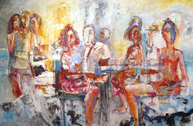 Painting titled "HISTOIRES AU BAR X" by Dibasar, Original Artwork, Oil Mounted on Wood Stretcher frame