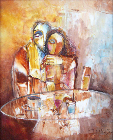 Painting titled "HISTOIRES AU BAR XII" by Dibasar, Original Artwork, Oil